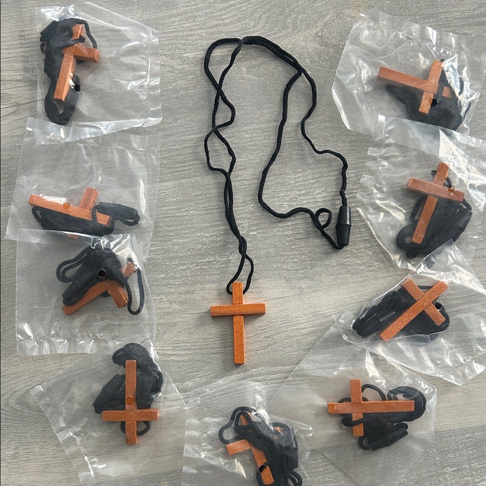 Set of 10 Wooden Cross Necklaces - NEW